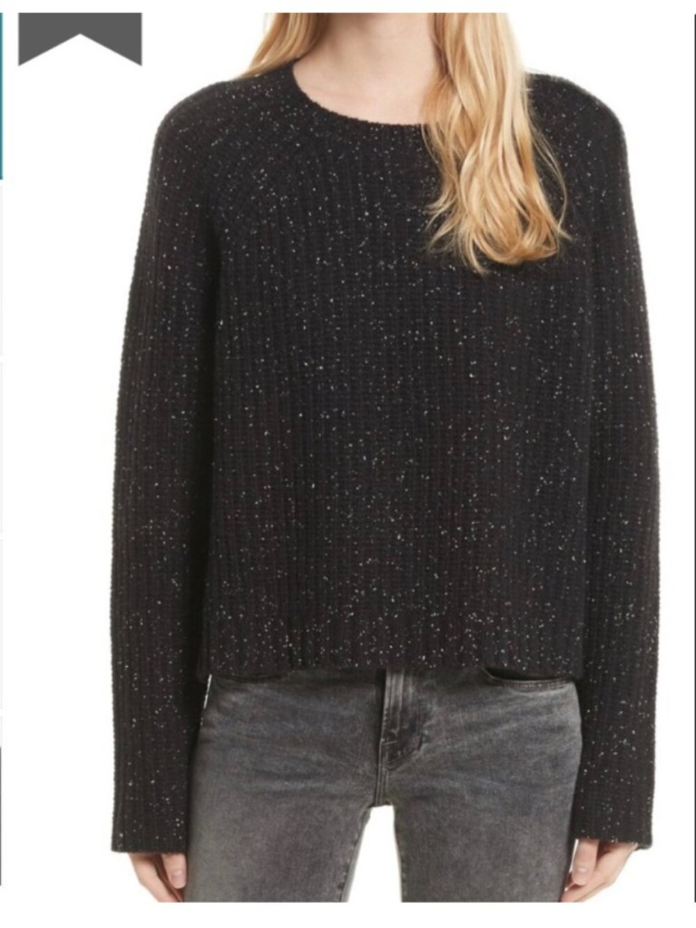 FRAME Women's Black Speckled Lambswool Ribbed Crewneck Sweater Size Large L
